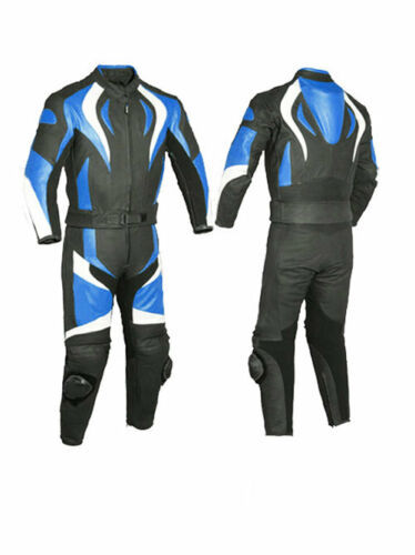 New Mens Blue Motorcycle Racing Cowhide Leather 2 PC Suit Back Hump Safety Pads
