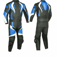New Mens Blue Motorcycle Racing Cowhide Leather 2 PC Suit Back Hump Safety Pads - Thumbnail 1