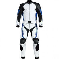 New Mens Biker White Motorcycle Racing Cowhide Leather 2 PC Suit Safety Pads - Thumbnail 1