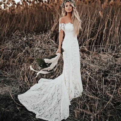 Mermaid Round Neck Short Sleeves Lace Beach Wedding Dress