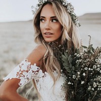 Mermaid Round Neck Short Sleeves Lace Beach Wedding Dress - Thumbnail 1