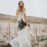 Mermaid Round Neck Short Sleeves Lace Beach Wedding Dress - Thumbnail 2