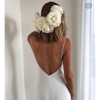 Mermaid Spaghetti Straps Backless Court Train White Wedding Dress - Thumbnail 1