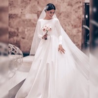 Vintage A-Line Bateau Long Sleeves Backless Court Train Wedding Dress - Thumbnail 2