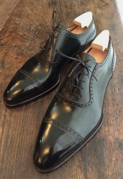 Mens Military Black Oxfords Leather Captoe Formal Lace Up Shoes