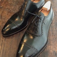Mens Military Black Oxfords Leather Captoe Formal Lace Up Shoes - Thumbnail 1