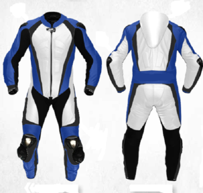 New Mens White Blue Motorcycle Racing Cowhide Leather 1/2 PC Suit Speed Hump