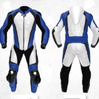 New Mens White Blue Motorcycle Racing Cowhide Leather 1/2 PC Suit Speed Hump - Thumbnail 5