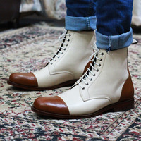Handmade Men's White Brown Cap Toe Formal Boot, Men Lace up Ankle Leather Boot - Thumbnail 1