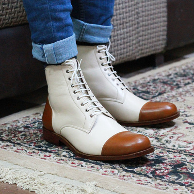 Handmade men's white brown cap toe formal boot, men lace up ankle leather boot
