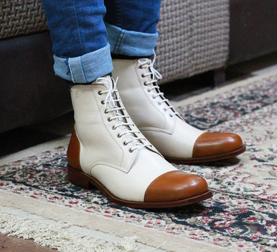 Handmade Men's White Brown Cap Toe Formal Boot, Men Lace up Ankle Leather Boot