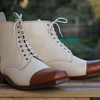 Handmade Men's White Brown Cap Toe Formal Boot, Men Lace up Ankle Leather Boot - Thumbnail 3