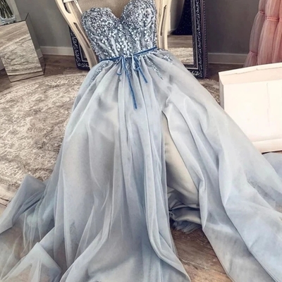 A-line sweetheart blue tulle long prom dresses with beading slit - Thumbnail 4