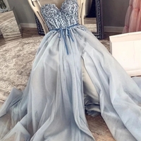A-Line Sweetheart Blue Tulle Long Prom Dresses with Beading Slit - Thumbnail 1