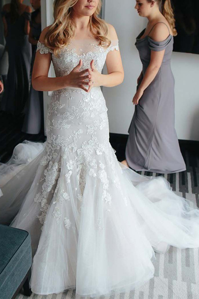 Mermaid Off the Shoulder Tulle Wedding Dresses with Appliques,Bridal Dresses
