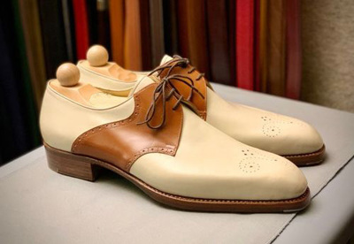 New White Brown Handmade Leather Brogue Dress Formal Shoes