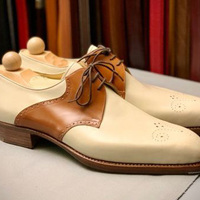 New White Brown Handmade Leather Brogue Dress Formal Shoes - Thumbnail 1