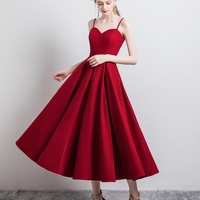Simple satin short prom dress burgundy evening dress - Thumbnail 4