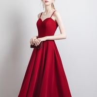 Simple satin short prom dress burgundy evening dress - Thumbnail 2