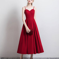 Simple satin short prom dress burgundy evening dress - Thumbnail 5