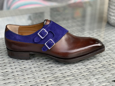 New Handmade Navy Blue Brown Awesome Double Monk Strap Shoes