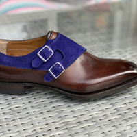 New Handmade Navy Blue Brown Awesome Double Monk Strap Shoes - Thumbnail 1