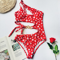 Bowknot Floral One-Piece Irregular Splicing Bikini Swimsuit - Thumbnail 1