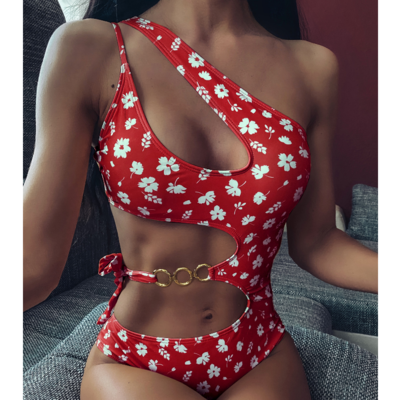 Bowknot Floral One-Piece Irregular Splicing Bikini Swimsuit