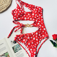 Bowknot Floral One-Piece Irregular Splicing Bikini Swimsuit - Thumbnail 2