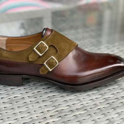 Mens dark brown leather suede stylish double monk strap formal monk shoes