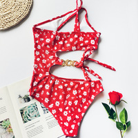 Bowknot Floral One-Piece Irregular Splicing Bikini Swimsuit - Thumbnail 3