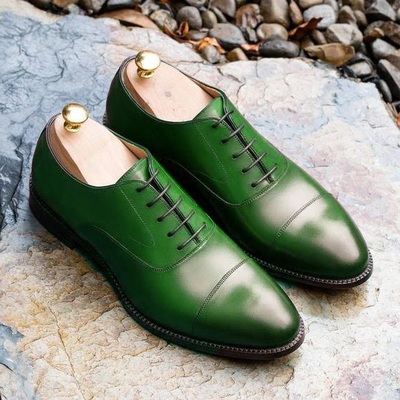 Mens green captoe handmade leather casual lace up shoes