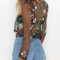 Sexy Floral Embroidery Transparent Fashion Long Sleeve Top - Thumbnail 2