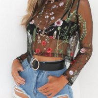 Sexy Floral Embroidery Transparent Fashion Long Sleeve Top - Thumbnail 1