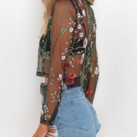 Sexy Floral Embroidery Transparent Fashion Long Sleeve Top - Thumbnail 3