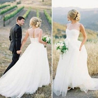 Sheer Neck Tulle Wedding Dresses Bridal Gown  - Thumbnail 1