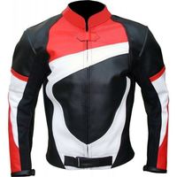 Red Motorcycle Biker Genuine Leather Jacket With Black & White Stripes - Thumbnail 4