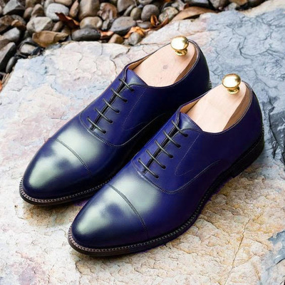 Royal Blue Classic Balmoral Cap Toe Lace Up Oxfords Formal Handmade Men's Shoes