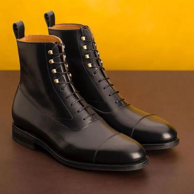 Mens black elegant design captoe fine pair handmade lace up fastening formal boot - Thumbnail 2