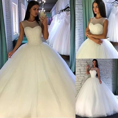 Sheer Neck Sparkly Wedding Dresses Bridal Gown