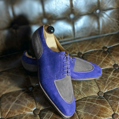 Gray blue combination fashion spilt toe handmade leather formal lace up shoes