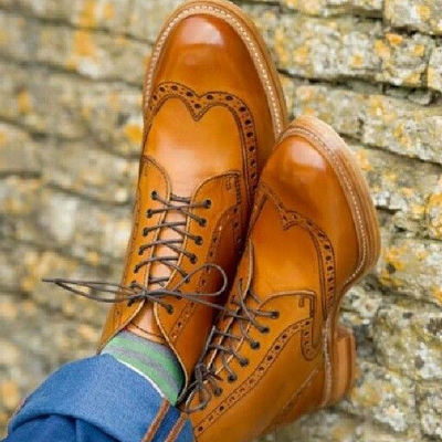 New handmade brown wingtip leather lace up formal shoes - Thumbnail 5