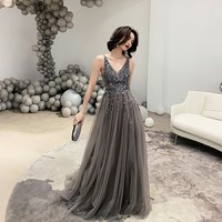 Dark gray v neck tulle long prom dress, evening dress - Thumbnail 5