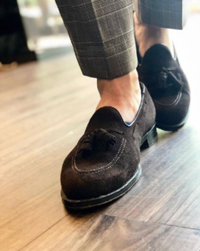 Black Suede Driving Tassels Moccasins Handmade Loafers Slips On Formal Wear Shoe