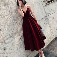 Burgundy v neck velvet short prom dress - Thumbnail 2
