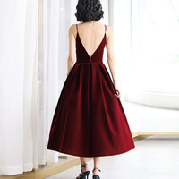 Burgundy v neck velvet short prom dress - Thumbnail 1