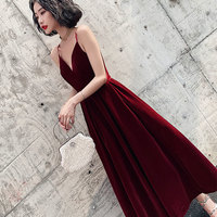 Burgundy v neck velvet short prom dress - Thumbnail 4