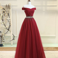 Burgundy tulle off shoulder long prom dress, burgundy evening dress - Thumbnail 1