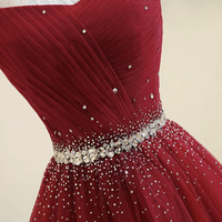 Burgundy tulle off shoulder long prom dress, burgundy evening dress - Thumbnail 2