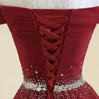 Burgundy tulle off shoulder long prom dress, burgundy evening dress - Thumbnail 3